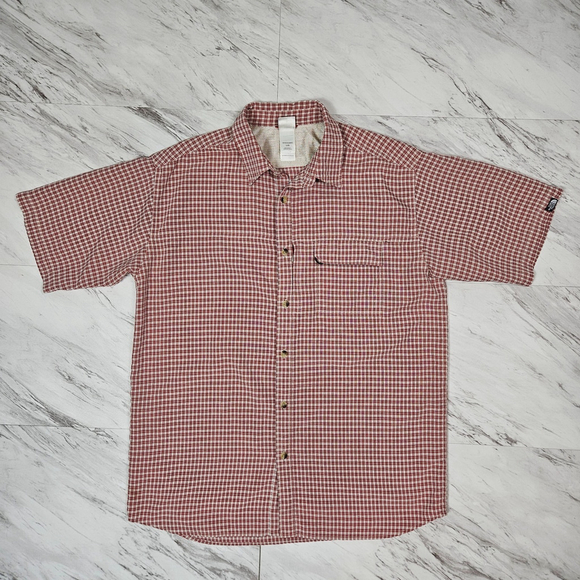 The North Face Mens Large Button Up Short Sleeve Shirt Red Plaid Hiking Outdoors - Picture 1 of 14